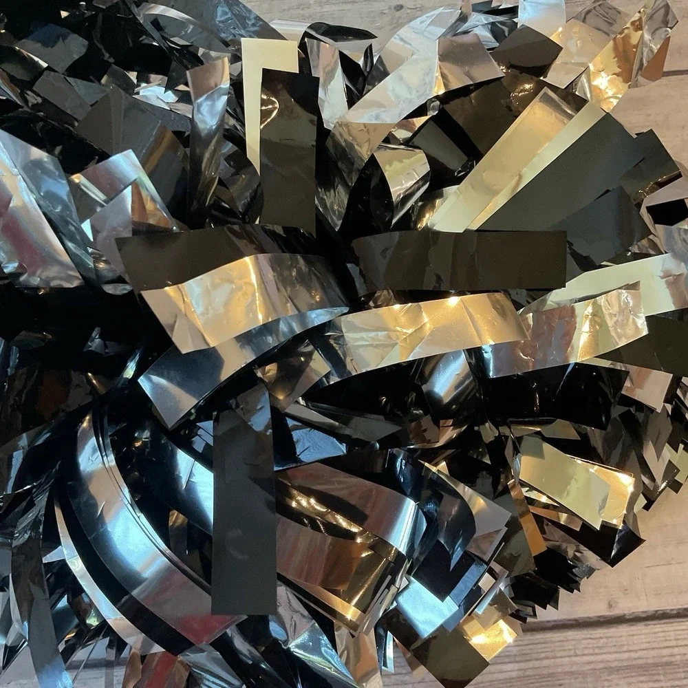 Cheerleading Pom Poms Black Silver Metallic Pair Baton Handle Cheer Dance #1